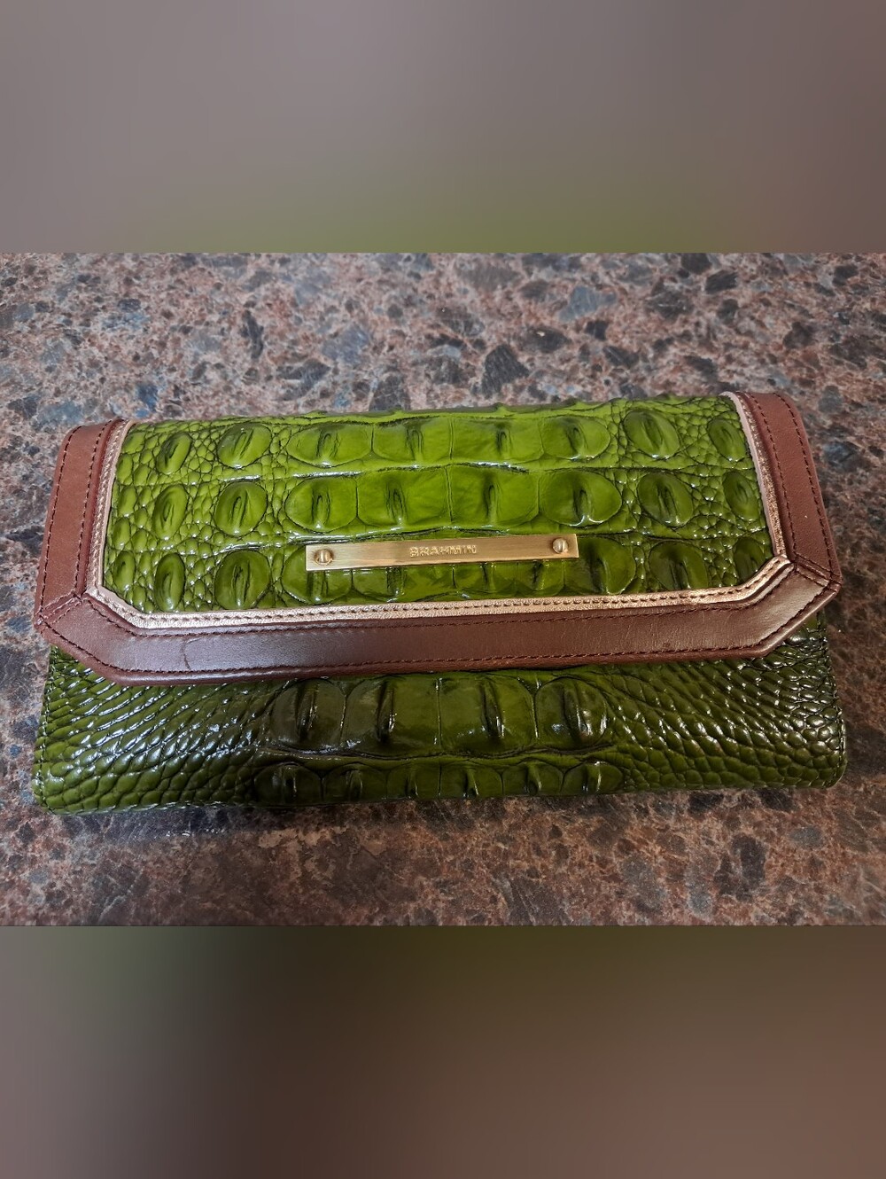 New Brahmin Olive Green Croc-Embossed Leather Clutch with Brown Trim